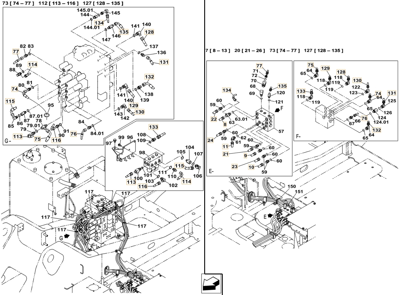 Case CX240C installation diagram showing hydraulic hose KHJ2309 at Pipe No. 114