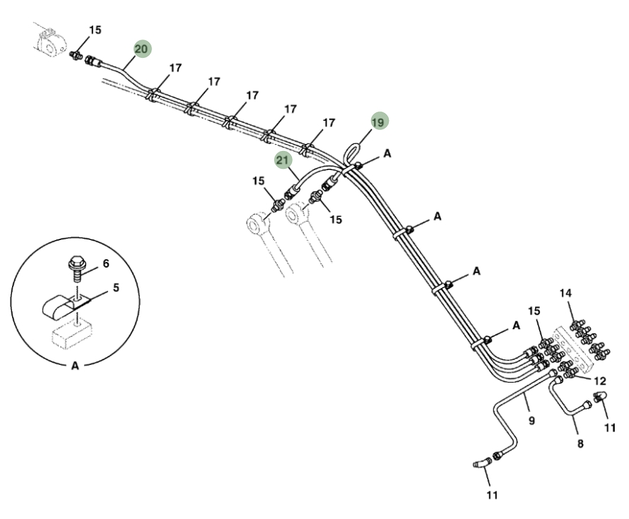 Hitachi ZX210-5N installation diagram showing hydraulic hose 4329595 at Pipe No. 19