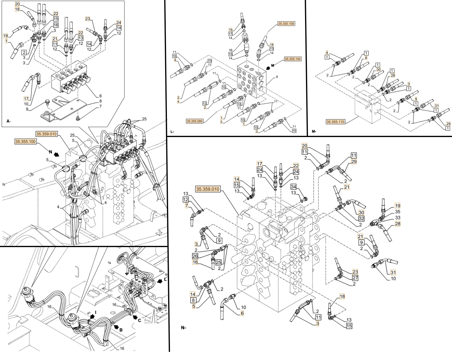 Case CX500D LC ME installation diagram showing hydraulic hose KHJ11590 at Pipe No. M6-N6