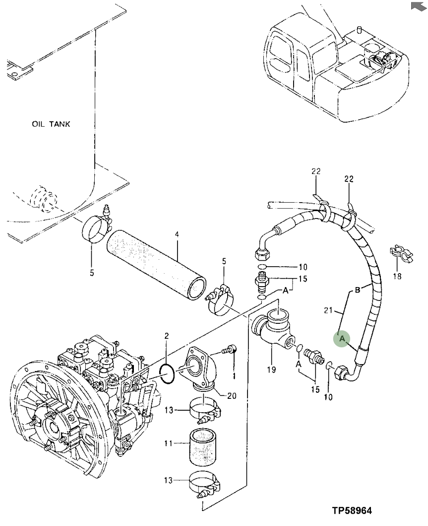 Hitachi EX110-5 installation diagram showing hydraulic hose 9150069 at Pipe No. 21
