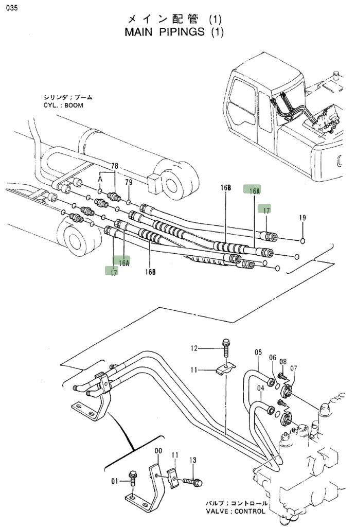 Hitachi EX100-3 installation diagram showing hydraulic hose 4254436 at Pipe No. 16A
