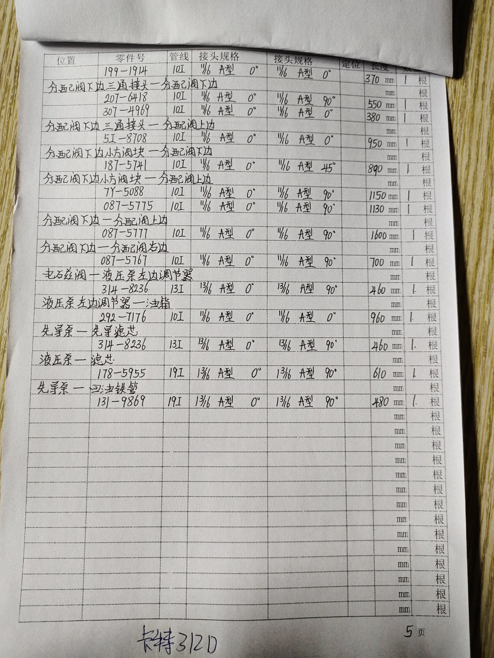 Caterpillar 312D hydraulic hose part numbers and recorded lengths — technician notebook page 5 of 5 — recorded hose parts 5I-8708, 7Y-5088