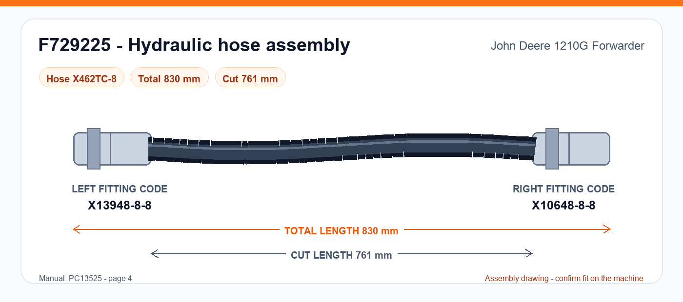F729225 hydraulic hose assembly drawing for John Deere 1210G Forwarder - 830 mm total length, left fitting X13948-8-8, right fitting X10648-8-8