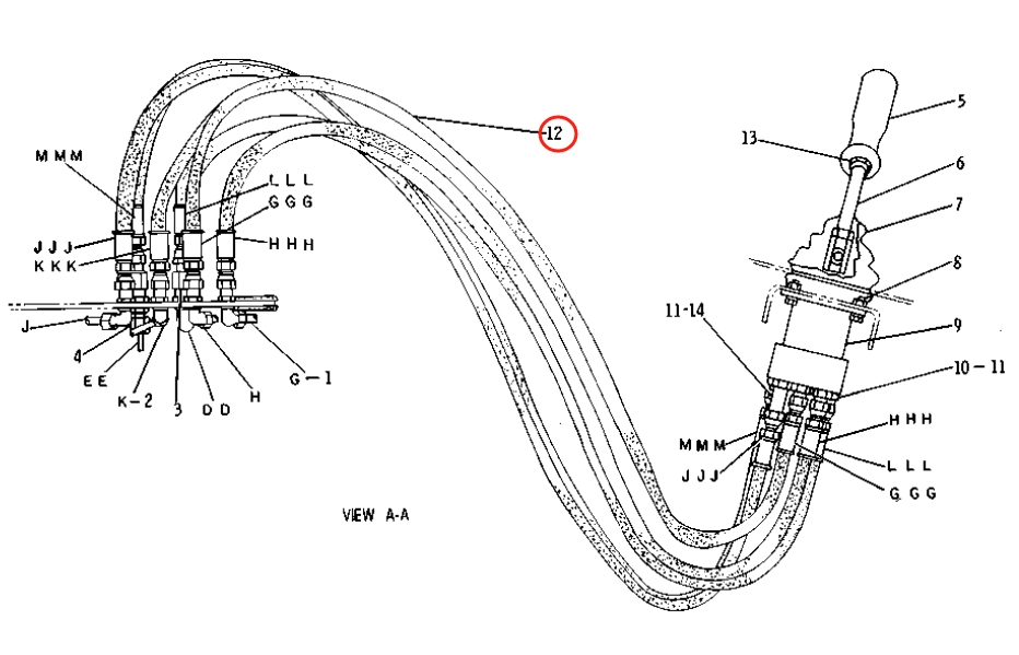 Caterpillar CAT®215D installation diagram showing hydraulic hose 8R-0944 at Pipe No. 12
