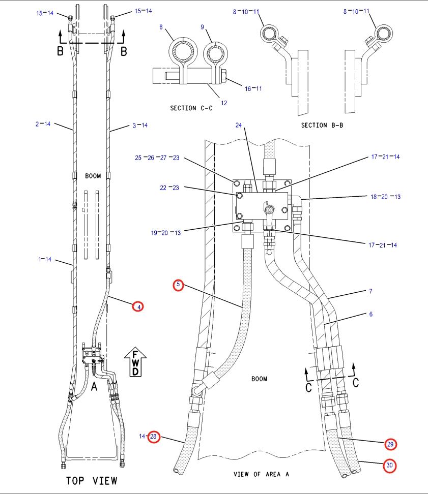 Caterpillar CAT®317B LN installation diagram showing hydraulic hose 129-6498 at Pipe No. 4