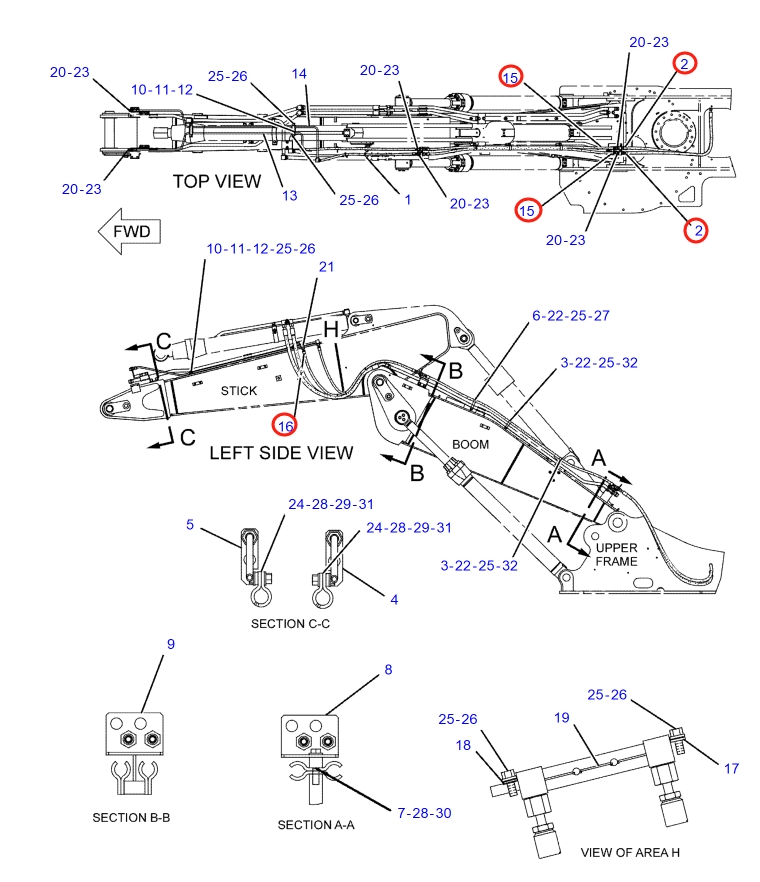 Caterpillar CAT®317B LN installation diagram showing hydraulic hose 207-2627 at Pipe No. 15
