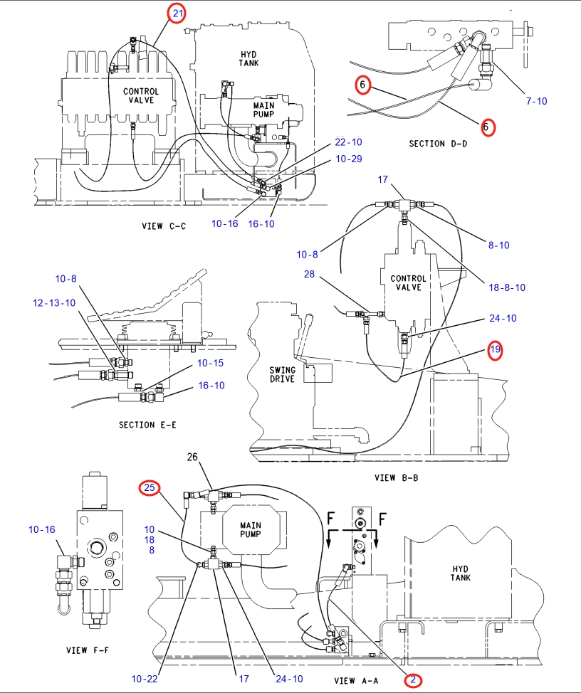 Caterpillar CAT®317-A installation diagram showing hydraulic hose 7I-0924 at Pipe No. 19