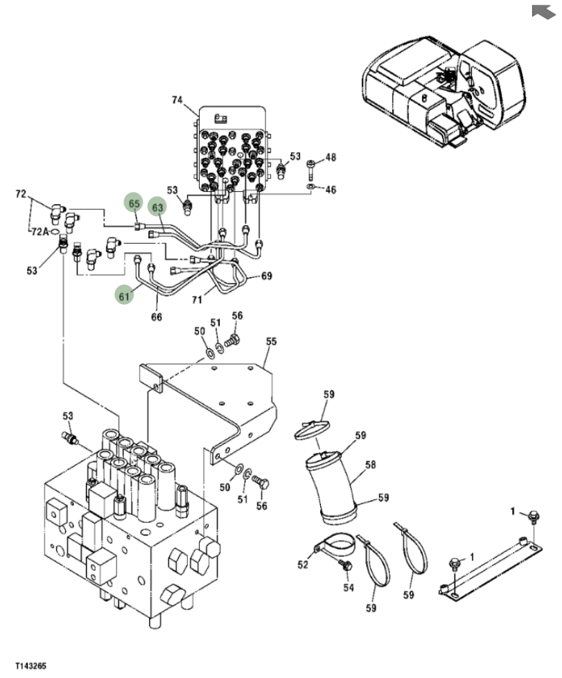Hitachi ZX200F installation diagram showing hydraulic hose 4630940 at Pipe No. 65