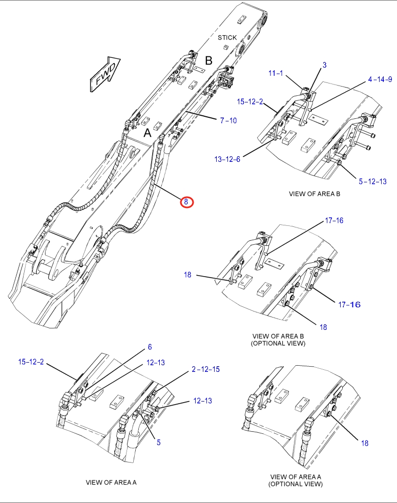 Caterpillar CAT®315F LCR installation diagram showing hydraulic hose 382-7076 at Pipe No. 8