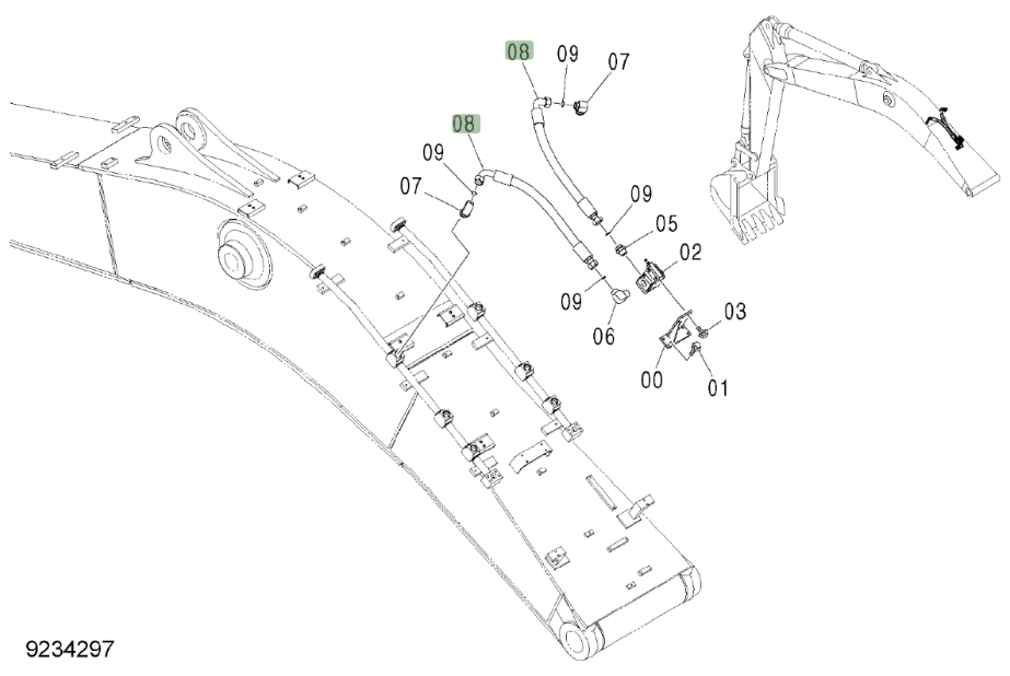 Hitachi ZX450LC-3 installation diagram showing hydraulic hose 4343209 at Pipe No. 8