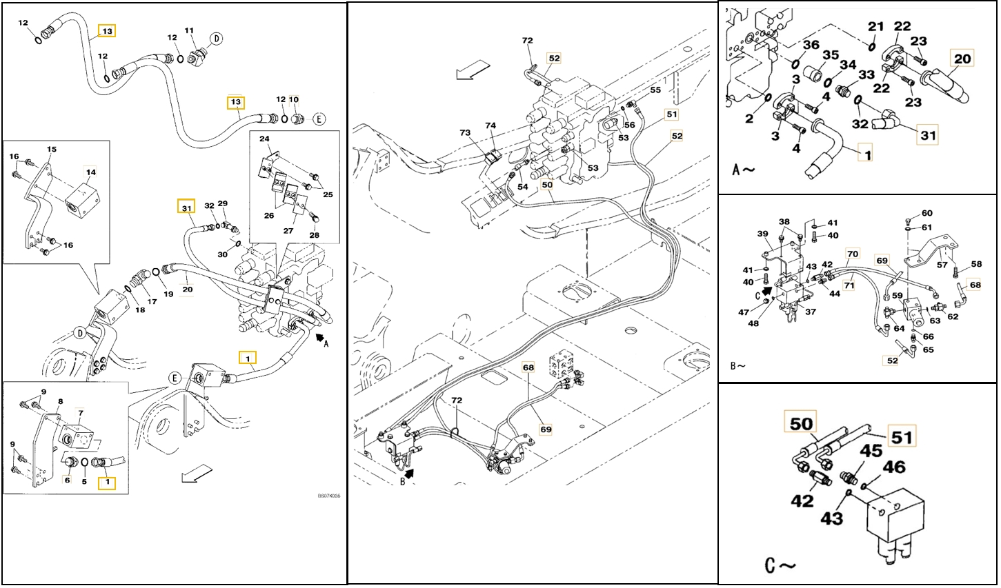 Case CX130B installation diagram showing hydraulic hose KHJ15170 at Pipe No. 52