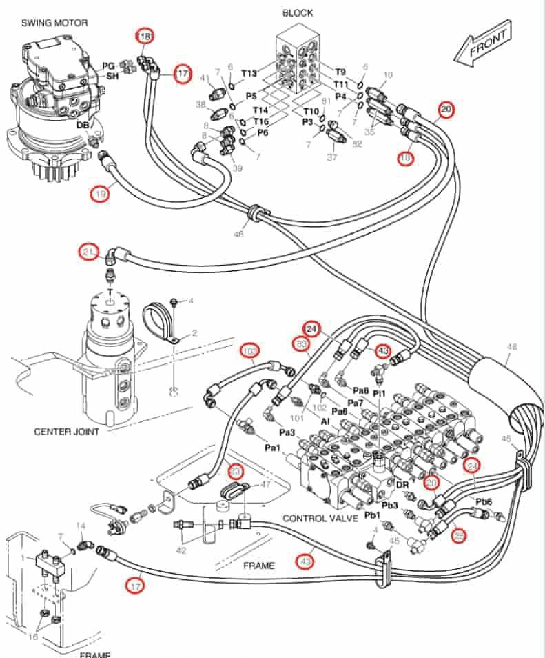 Doosan DX60R installation diagram showing hydraulic hose DS2093299 at Pipe No. 19