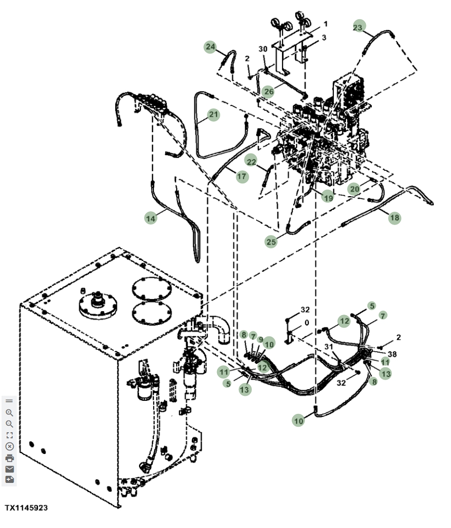 Hitachi ZX870LC-5G installation diagram showing hydraulic hose 4713505 at Pipe No. 24