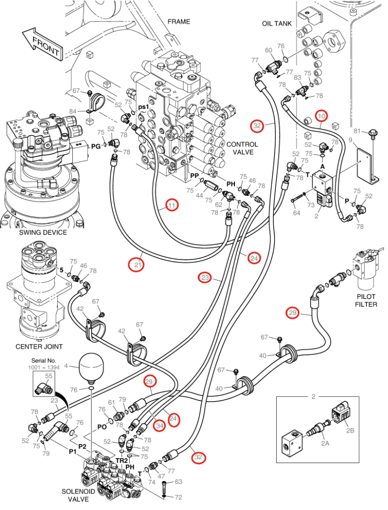 Doosan DX160LC-3 installation diagram showing hydraulic hose DS2121103 at Pipe No. 34