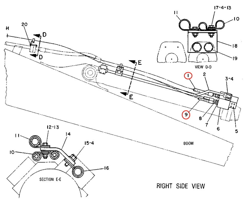 Caterpillar CAT®219 installation diagram showing hydraulic hose 6W-7665 at Pipe No. 1