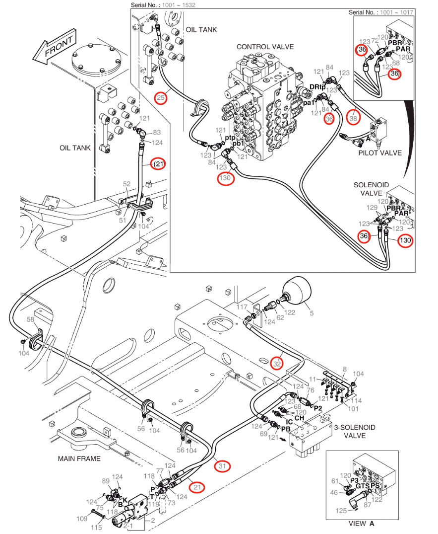 Doosan DX140W-5 installation diagram showing hydraulic hose DS2121026 at Pipe No. 31