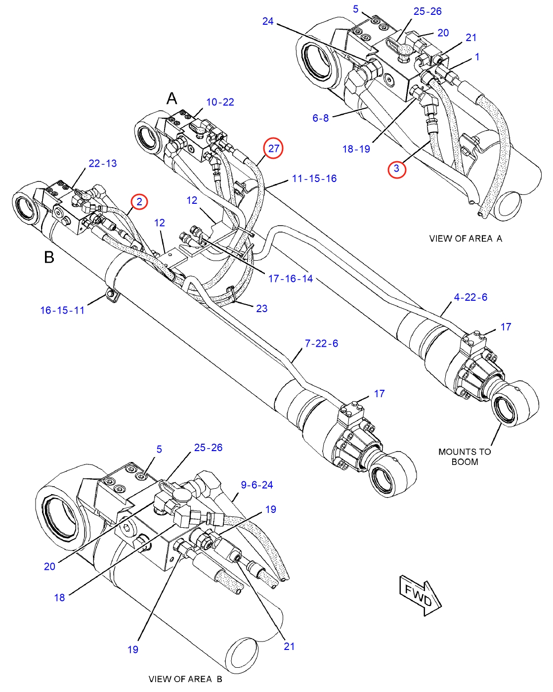 Caterpillar CAT®315C installation diagram showing hydraulic hose 196-3369 at Pipe No. 27