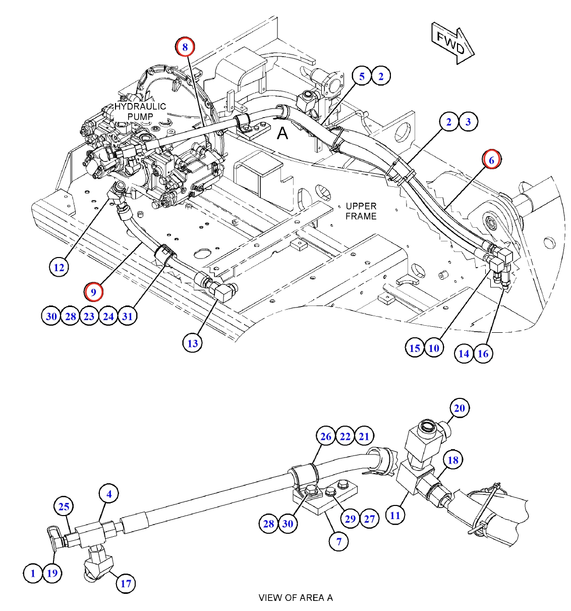 Caterpillar CAT®312D L installation diagram showing hydraulic hose 397-8253 at Pipe No. 8