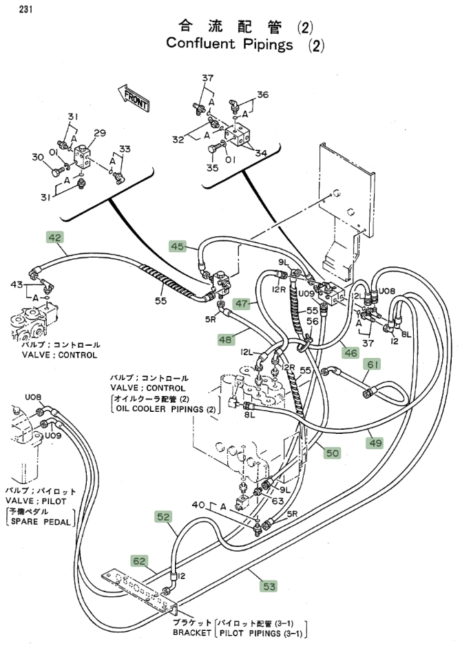 Hitachi EX100WD installation diagram showing hydraulic hose 4210398 at Pipe No. 46