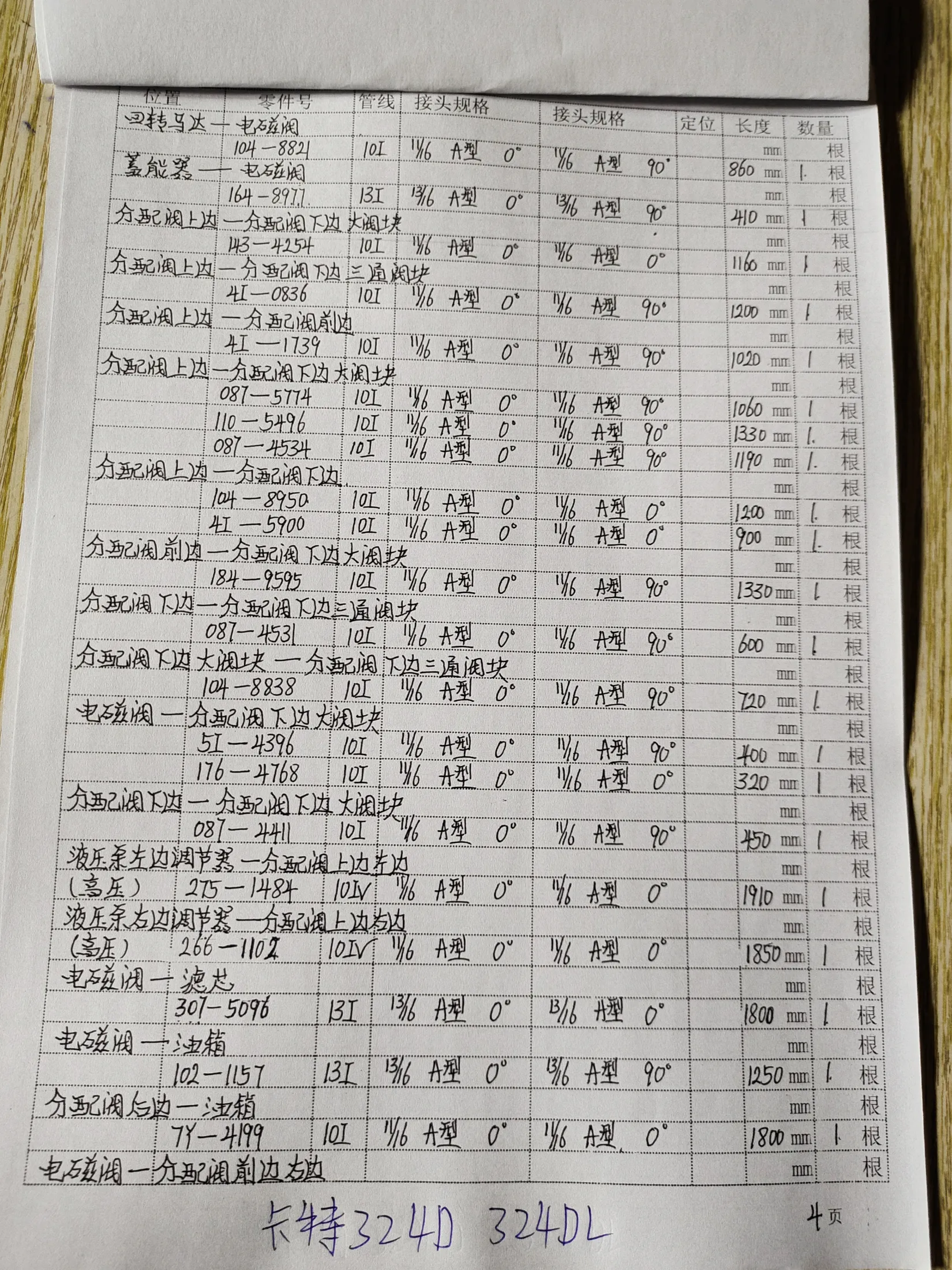 Caterpillar 324DL hydraulic hose part numbers and recorded lengths — technician notebook page 4 of 5