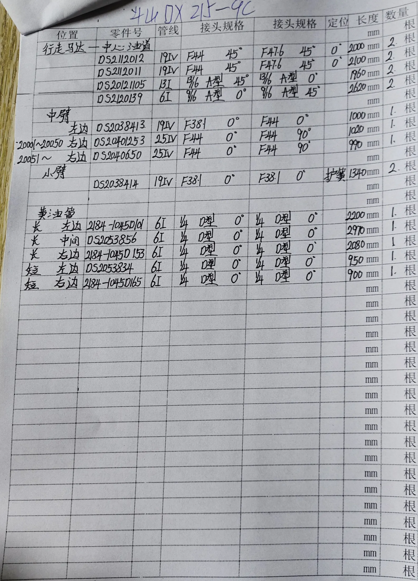 Doosan DX215-9C hydraulic hose part numbers and recorded lengths — technician notebook page 2 of 5