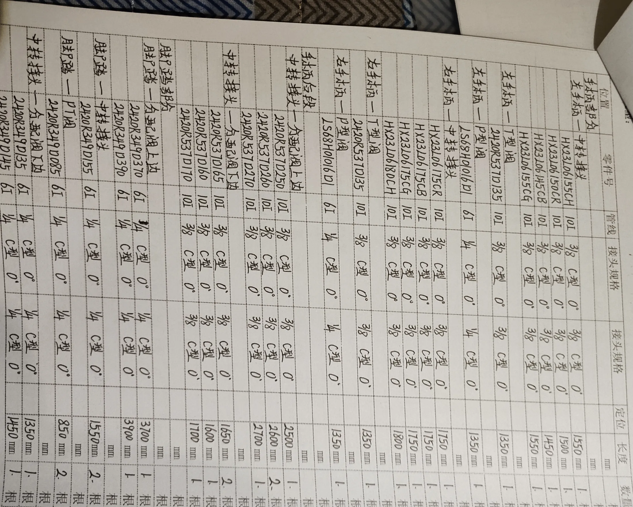 Kobelco SK380D-8 hydraulic hose part numbers and recorded lengths — technician notebook page 3 of 5
