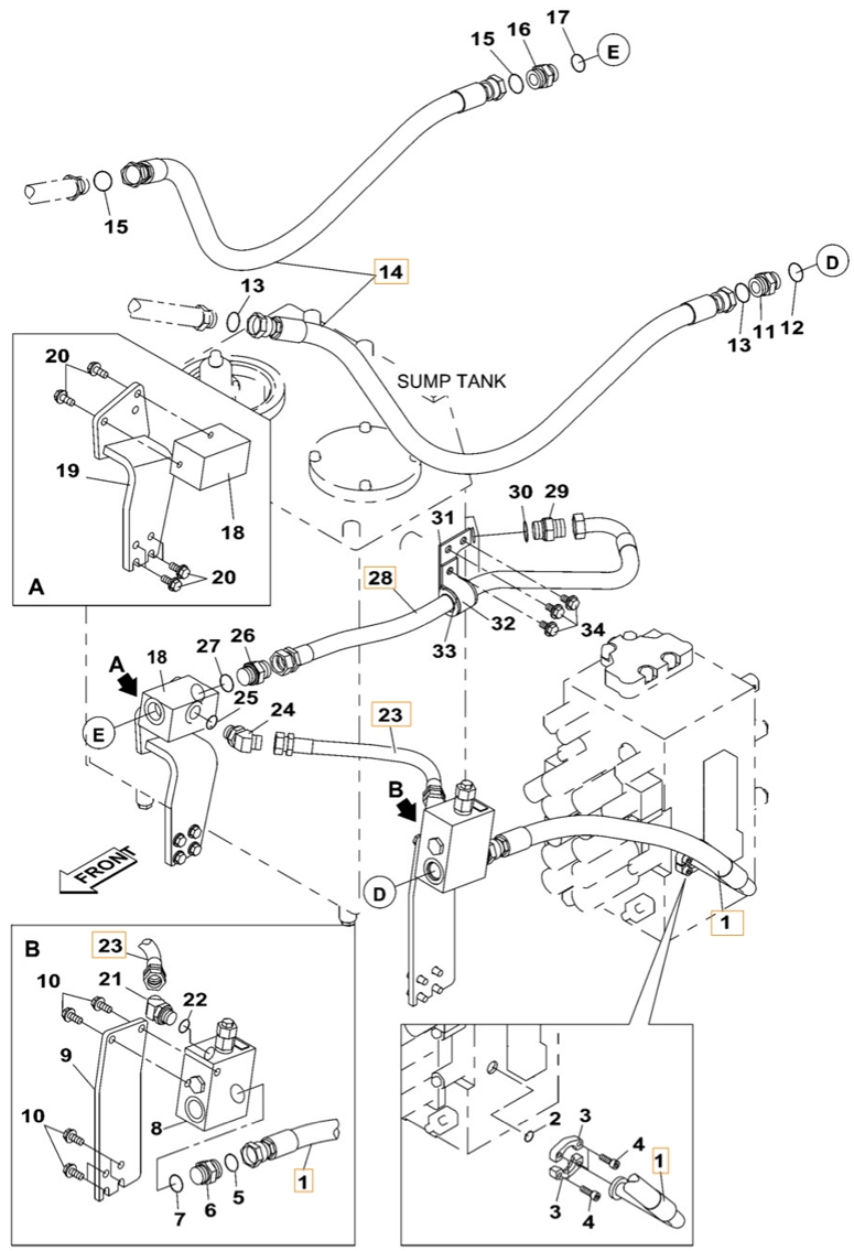 Case CX210C NLC installation diagram showing hydraulic hose KRJ11540 at Pipe No. 23