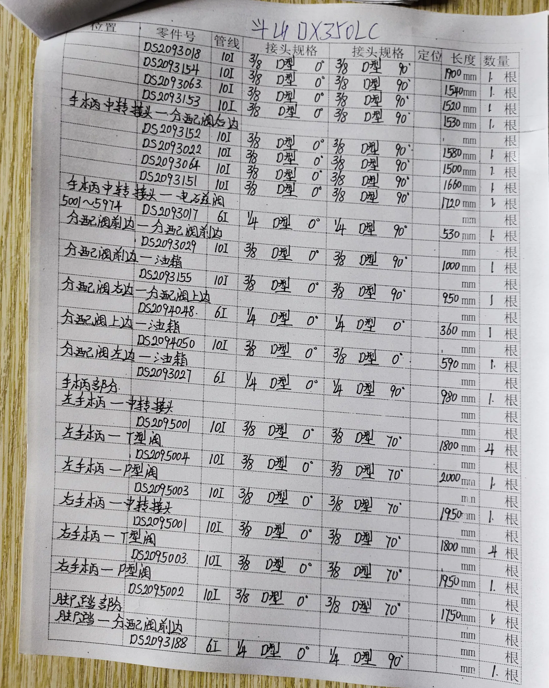 Doosan DX350LC hydraulic hose part numbers and recorded lengths — technician notebook page 4 of 5