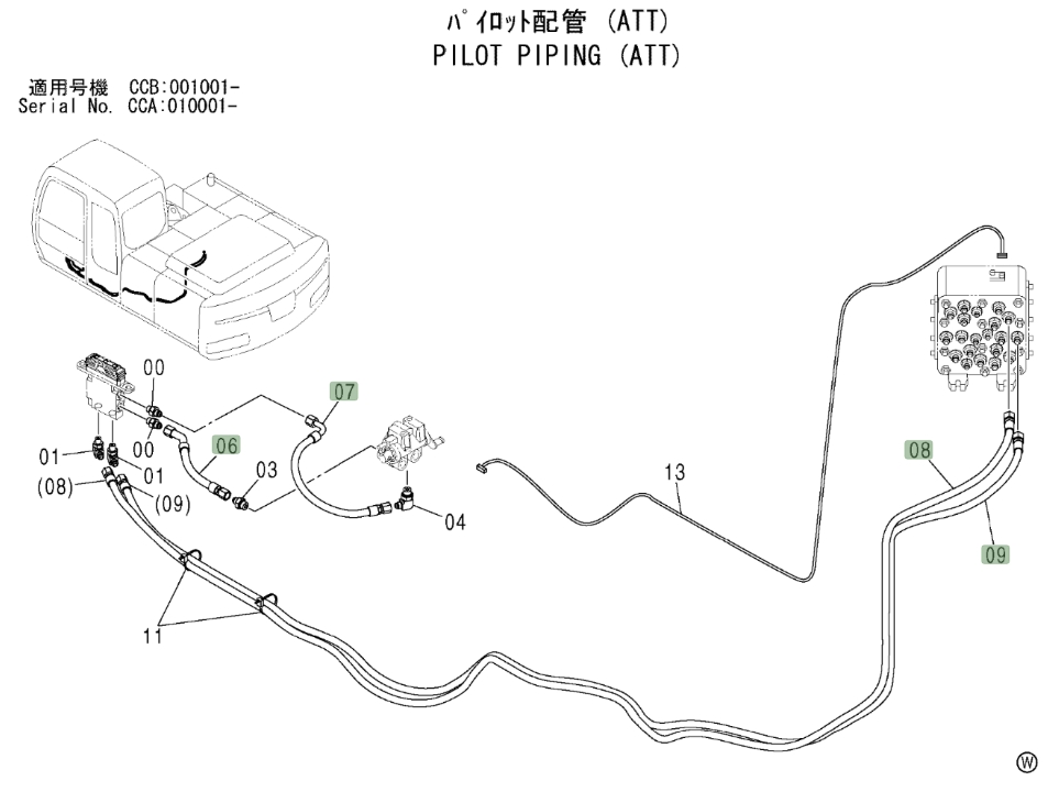 Hitachi ZX180W installation diagram showing hydraulic hose 4488332 at Pipe No. 8