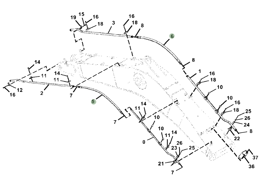 Hitachi ZX380LC-6N installation diagram showing hydraulic hose 4650195 at Pipe No. 6