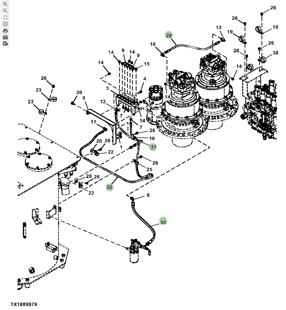 Hitachi ZX670LC-5B installation diagram showing hydraulic hose 4304463 at Pipe No. 30