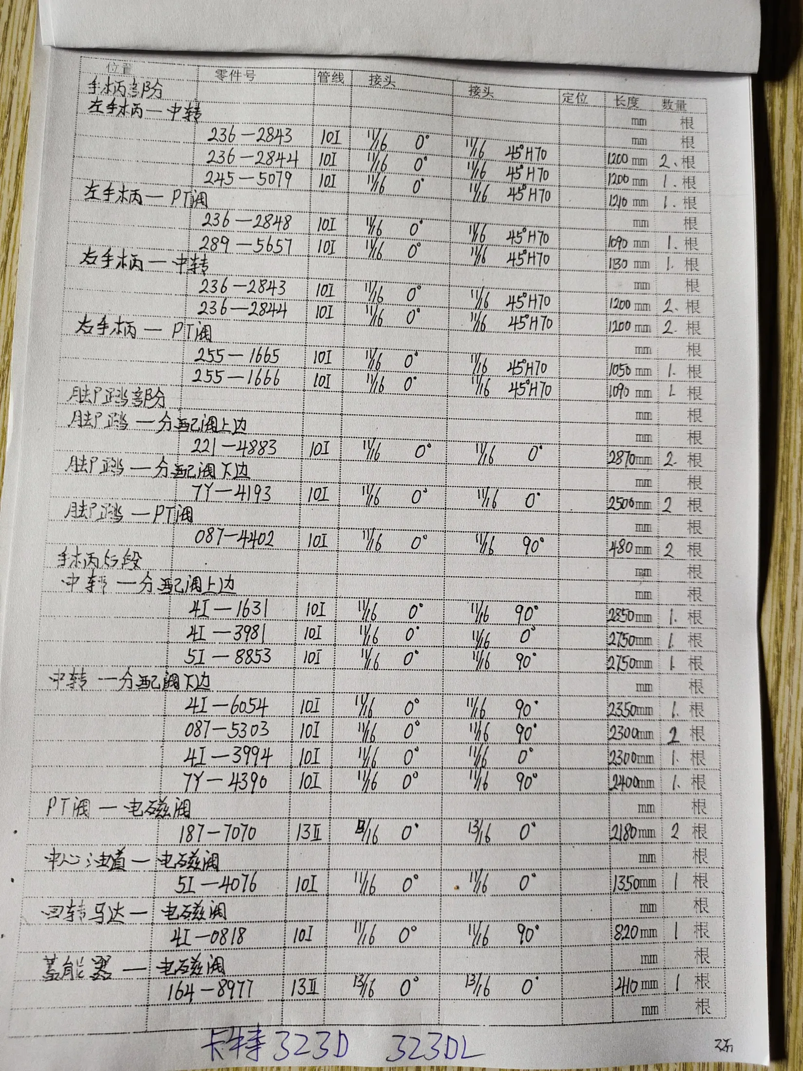 Caterpillar 323D hydraulic hose part numbers and recorded lengths — technician notebook page 3 of 5 — recorded hose parts 4I-081