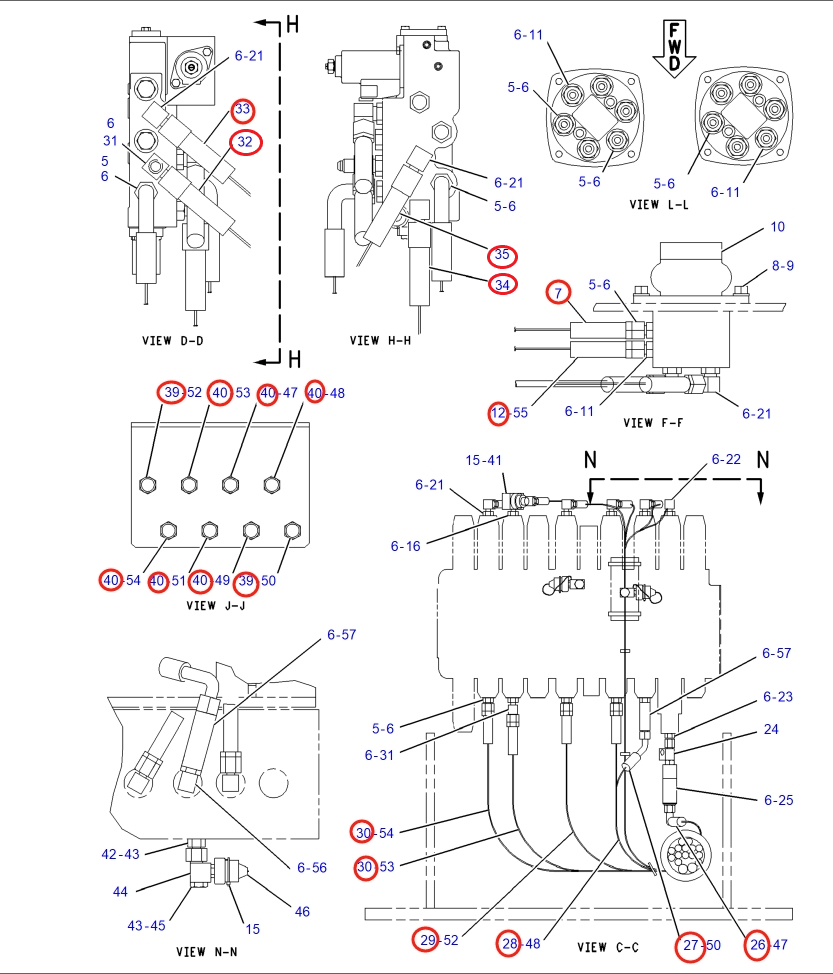 Caterpillar CAT®318B installation diagram showing hydraulic hose 4I-7608 at Pipe No. 30