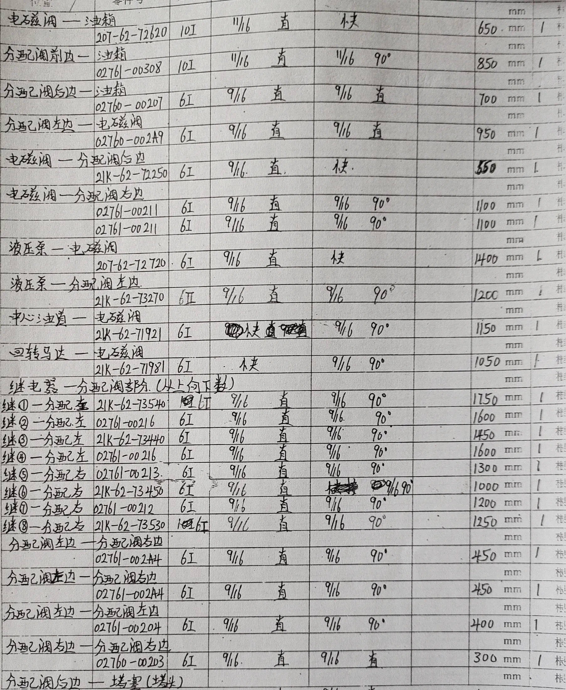 Komatsu PC200-8 hydraulic hose part numbers and recorded lengths — technician notebook page 6 of 7