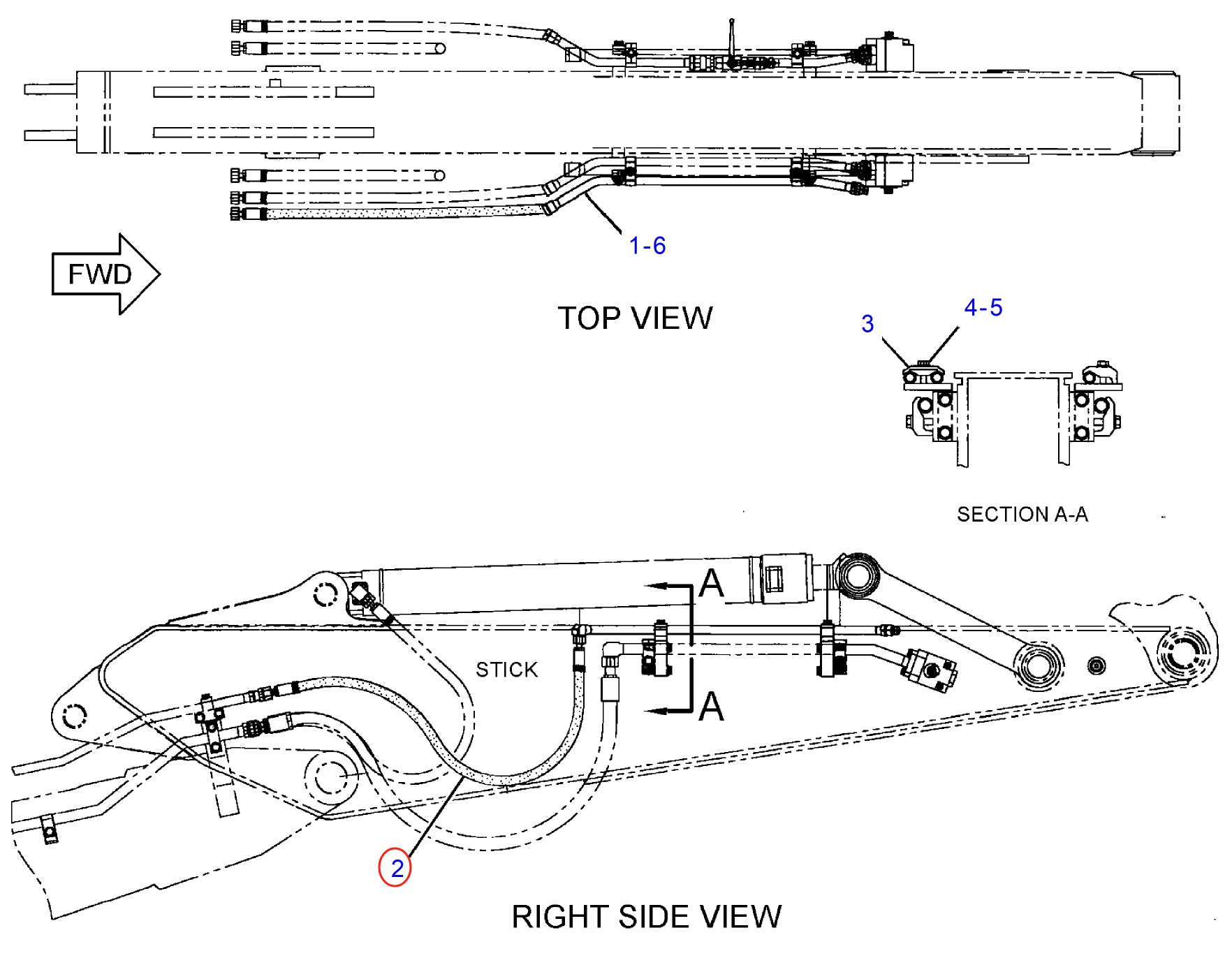 Caterpillar CAT®311C installation diagram showing hydraulic hose 177-8659 at Pipe No. 2