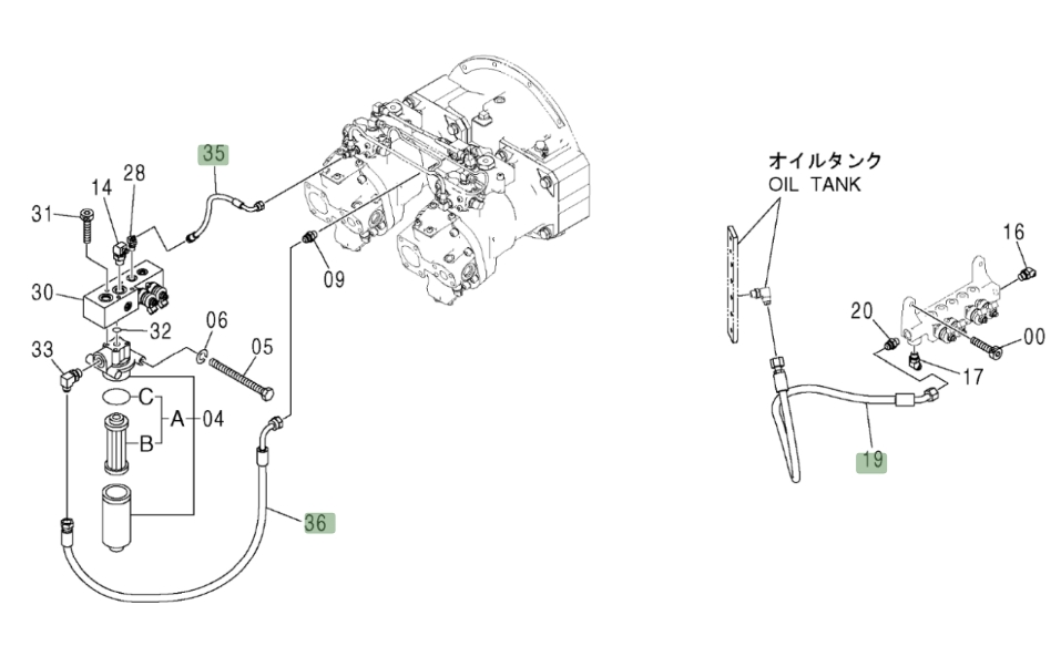 Hitachi ZX370 installation diagram showing hydraulic hose 4405562 at Pipe No. 19