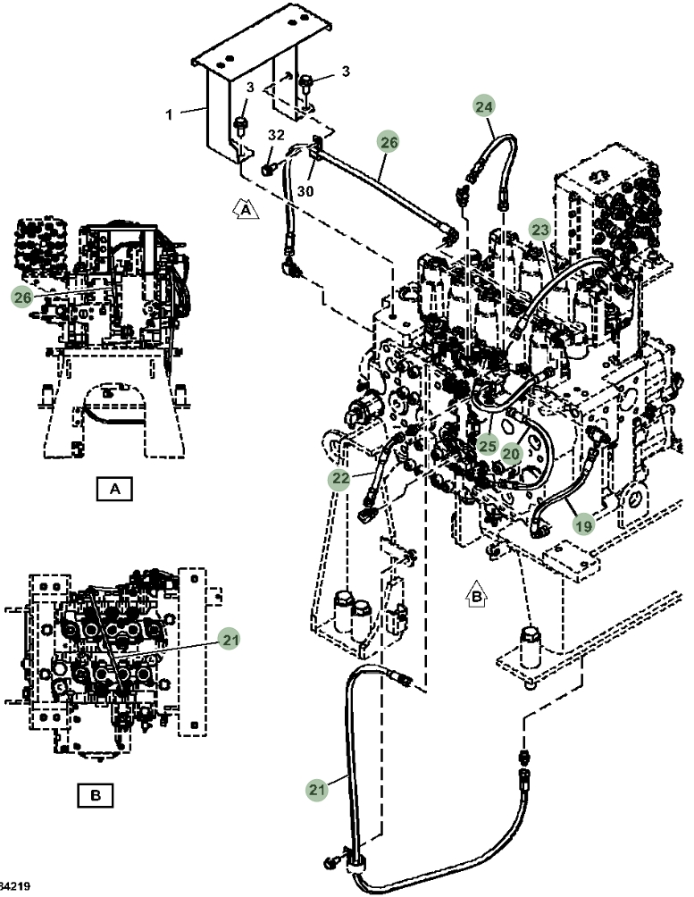 Hitachi ZX470-5A installation diagram showing hydraulic hose 4713506 at Pipe No. 25