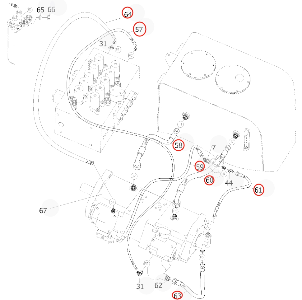 Sunward SWE400E-3H installation diagram showing hydraulic hose 730502000970 at Pipe No. 64
