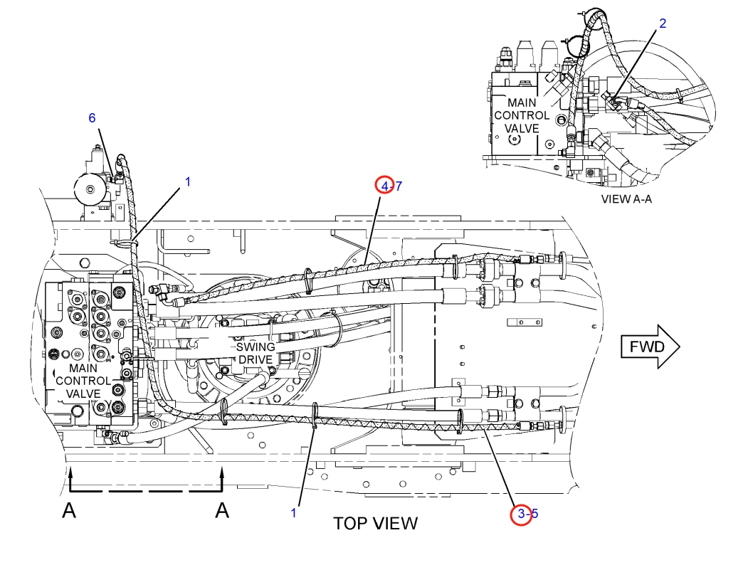 Caterpillar CAT®318E L installation diagram showing hydraulic hose 351-4999 at Pipe No. 3
