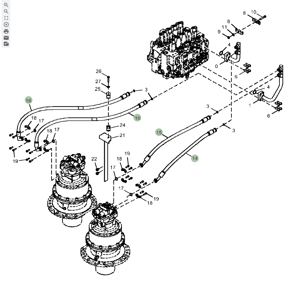 Hitachi ZX670LC-5B installation diagram showing hydraulic hose 4331603 at Pipe No. 16