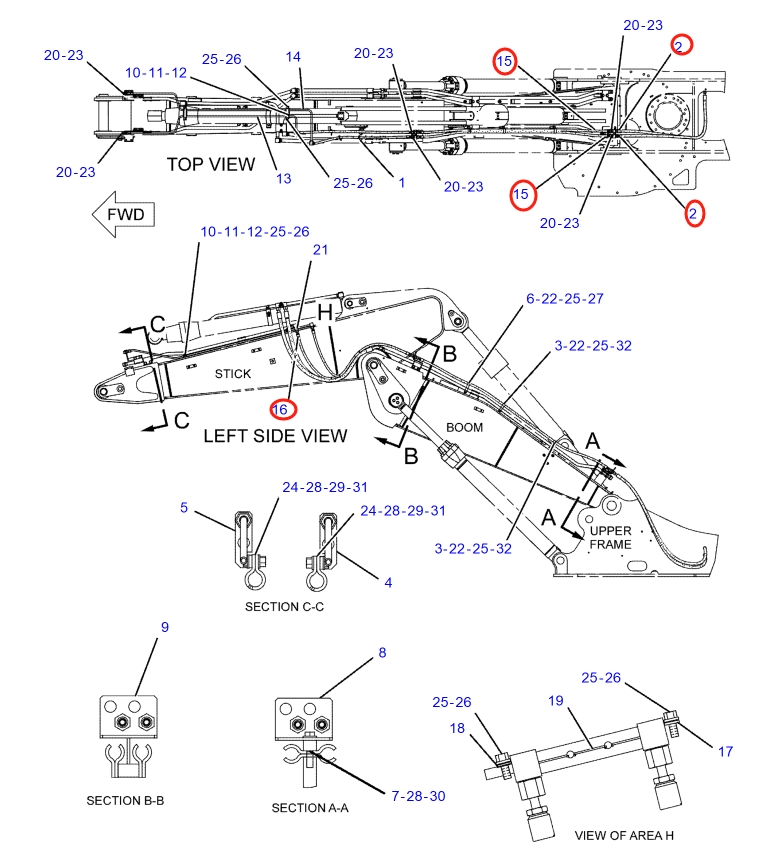 Caterpillar CAT®317B L installation diagram showing hydraulic hose 8E-0081 at Pipe No. 2