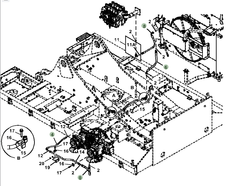 Hitachi ZX670LC-5A installation diagram showing hydraulic hose 4644381 at Pipe No. 6