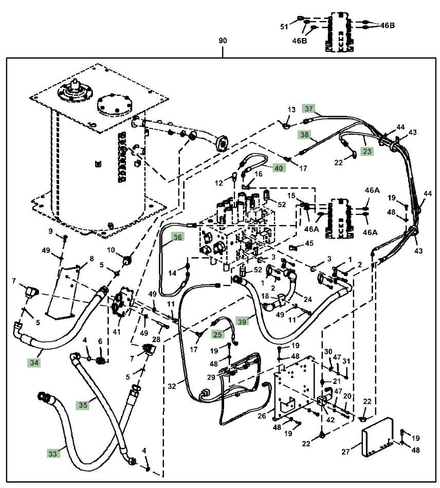 Hitachi ZX380LC-5N installation diagram showing hydraulic hose 4657419 at Pipe No. 38