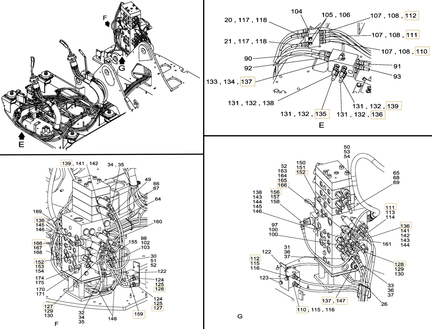 Case CX135SR installation diagram showing hydraulic hose KHJ2181 at Pipe No. 156