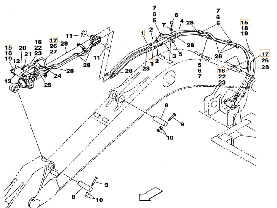 Case CX160 installation diagram showing hydraulic hose KRV2405 at Pipe No. 1