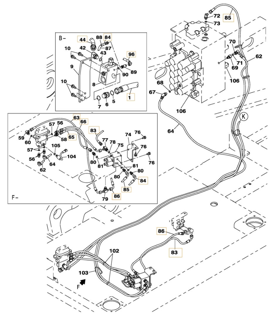 Case CX210C NLC installation diagram showing hydraulic hose KHJ18110 at Pipe No. 84