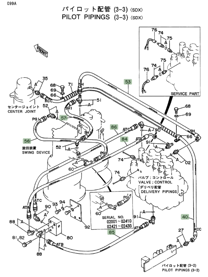 Hitachi EX400LC installation diagram showing hydraulic hose 4236792 at Pipe No. 84