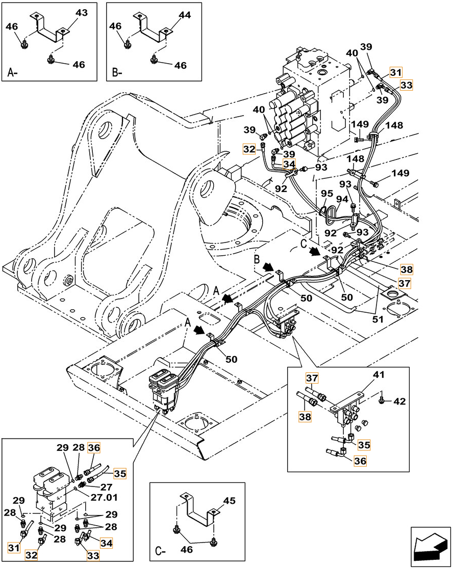 Case CX260C installation diagram showing hydraulic hose KHJ2199 at Pipe No. 34