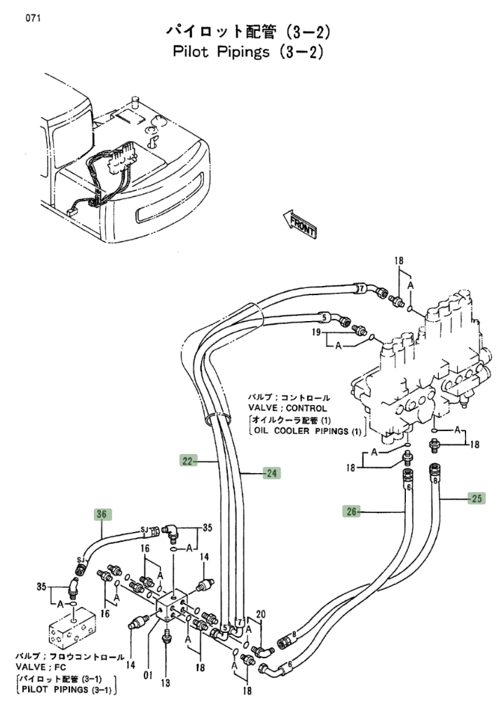 Hitachi EX100-2 installation diagram showing hydraulic hose 4283942 at Pipe No. 25