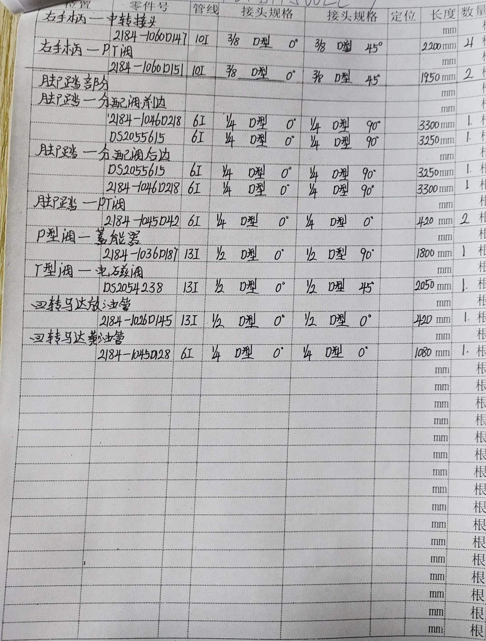 Doosan DH500LC-7 hydraulic hose part numbers and recorded lengths — technician notebook page 5 of 5